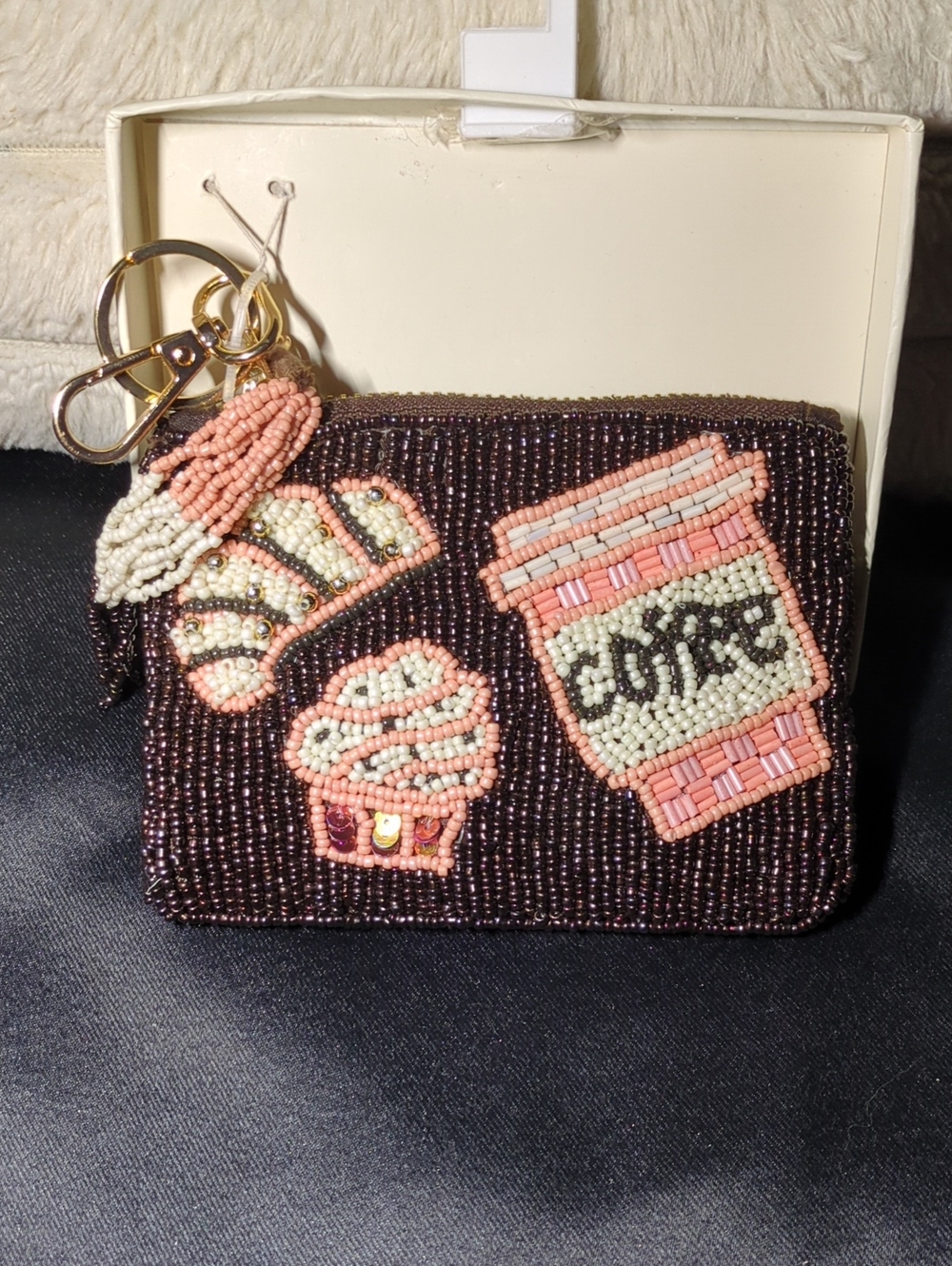 Sincerly Jules Beaded Brown Coin Purse with Pink Cupcake & Coffee Motifs $35